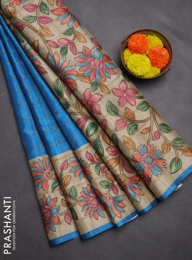 Semi tussar saree cs blue and beige with allover zari checked pattern and kalamkari printed pallu