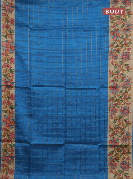 Semi tussar saree cs blue and beige with allover zari checked pattern and kalamkari printed pallu