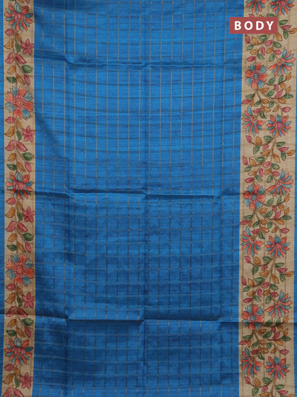 Semi tussar saree cs blue and beige with allover zari checked pattern and kalamkari printed pallu