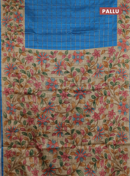 Semi tussar saree cs blue and beige with allover zari checked pattern and kalamkari printed pallu