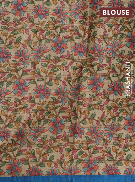 Semi tussar saree cs blue and beige with allover zari checked pattern and kalamkari printed pallu