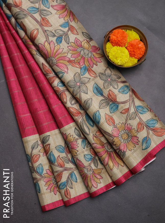 Semi tussar saree pink and beige with allover zari checked pattern and kalamkari printed pallu