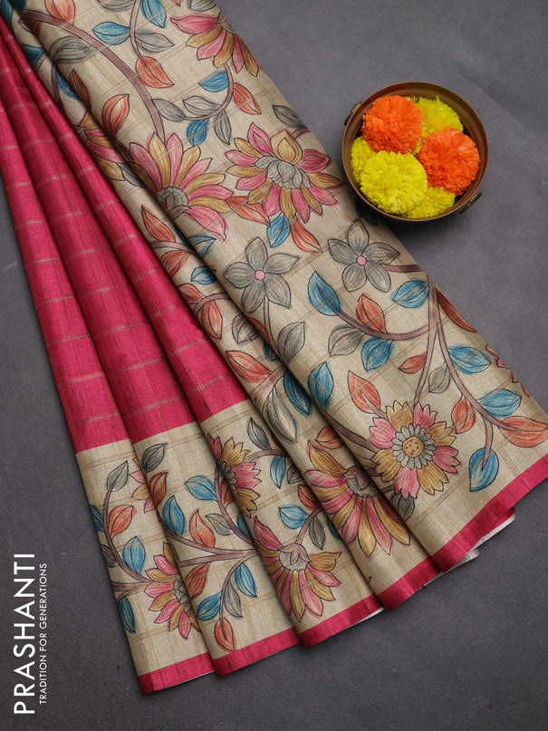 Semi tussar saree pink and beige with allover zari checked pattern and kalamkari printed pallu