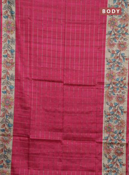 Semi tussar saree pink and beige with allover zari checked pattern and kalamkari printed pallu