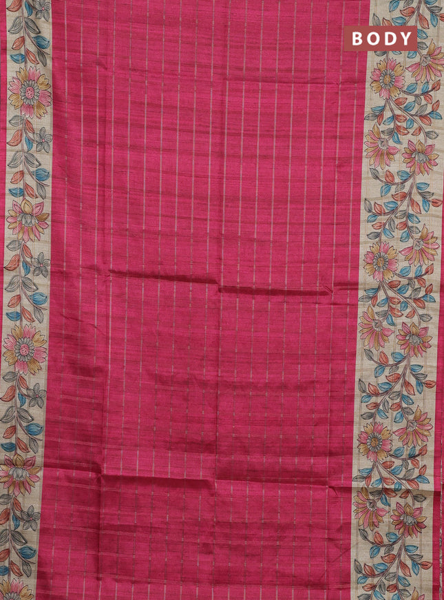 Semi tussar saree pink and beige with allover zari checked pattern and kalamkari printed pallu