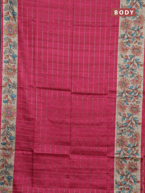 Semi tussar saree pink and beige with allover zari checked pattern and kalamkari printed pallu