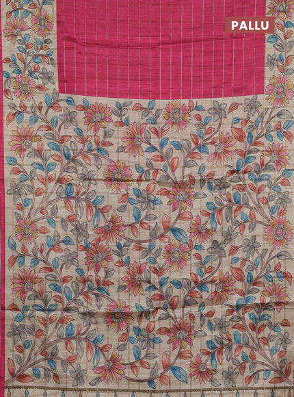 Semi tussar saree pink and beige with allover zari checked pattern and kalamkari printed pallu