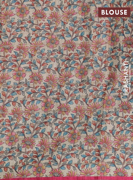 Semi tussar saree pink and beige with allover zari checked pattern and kalamkari printed pallu