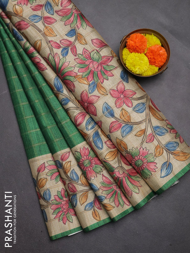 Semi tussar saree green and beige with allover zari checked pattern and kalamkari printed pallu