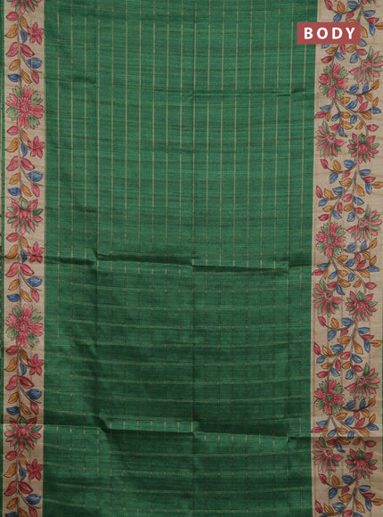 Semi tussar saree green and beige with allover zari checked pattern and kalamkari printed pallu