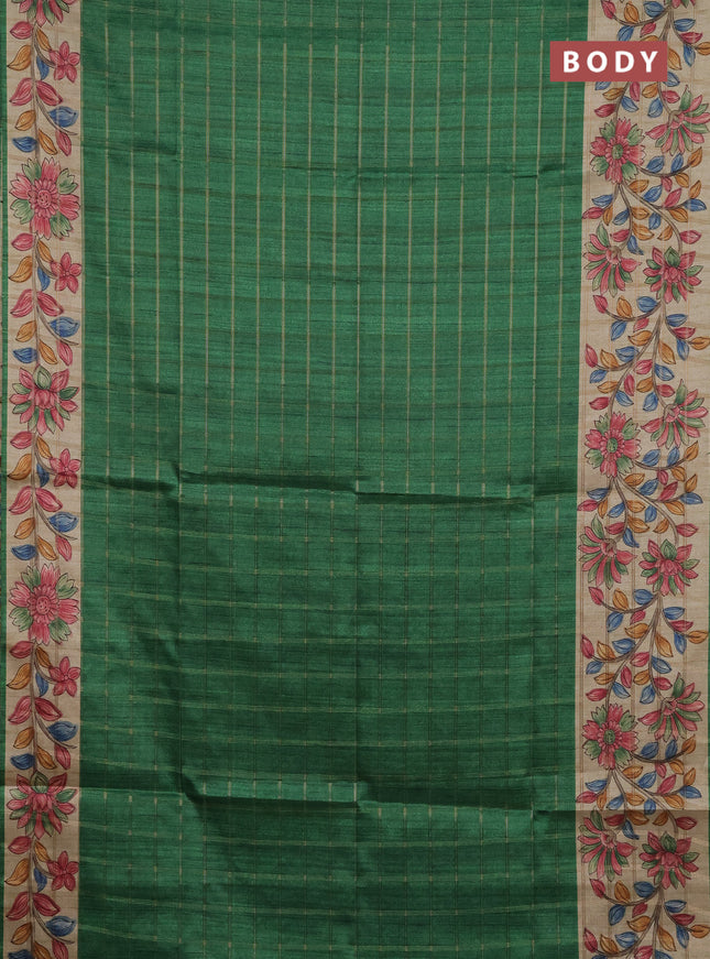 Semi tussar saree green and beige with allover zari checked pattern and kalamkari printed pallu