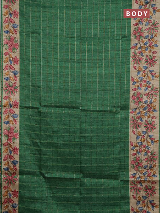 Semi tussar saree green and beige with allover zari checked pattern and kalamkari printed pallu