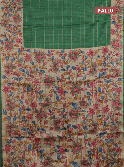 Semi tussar saree green and beige with allover zari checked pattern and kalamkari printed pallu