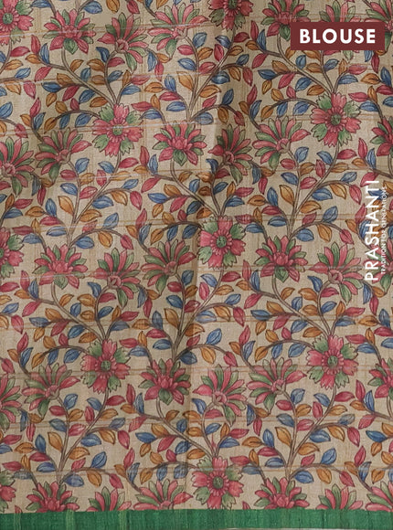 Semi tussar saree green and beige with allover zari checked pattern and kalamkari printed pallu