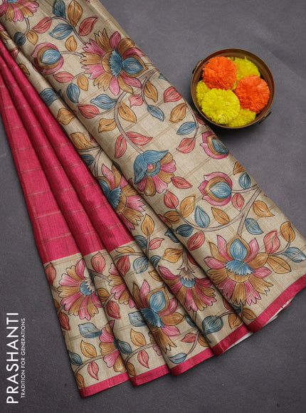 Semi tussar saree pink and beige with allover zari checked pattern and kalamkari printed pallu