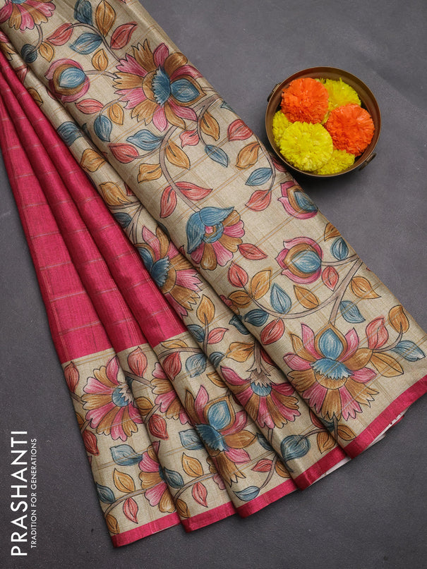 Semi tussar saree pink and beige with allover zari checked pattern and kalamkari printed pallu