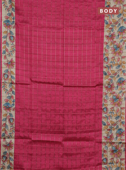 Semi tussar saree pink and beige with allover zari checked pattern and kalamkari printed pallu