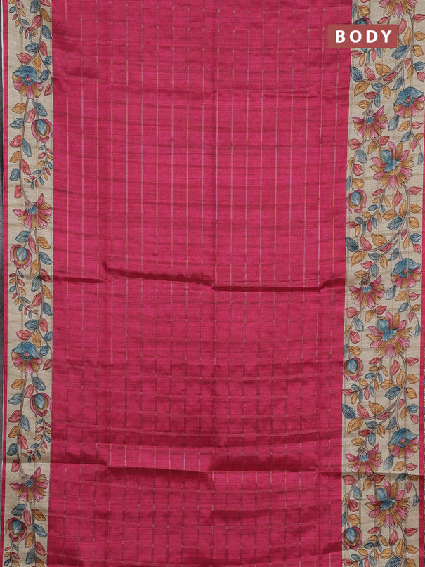 Semi tussar saree pink and beige with allover zari checked pattern and kalamkari printed pallu