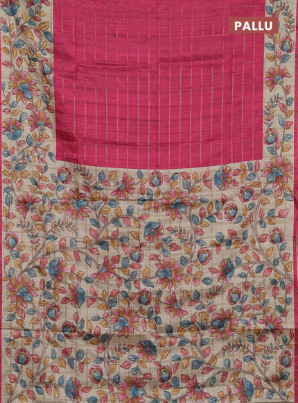 Semi tussar saree pink and beige with allover zari checked pattern and kalamkari printed pallu
