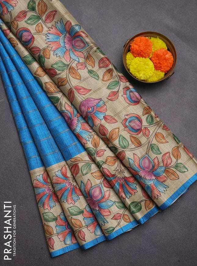 Semi tussar saree cs blue and beige with allover zari checked pattern and kalamkari printed pallu
