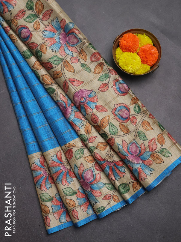 Semi tussar saree cs blue and beige with allover zari checked pattern and kalamkari printed pallu