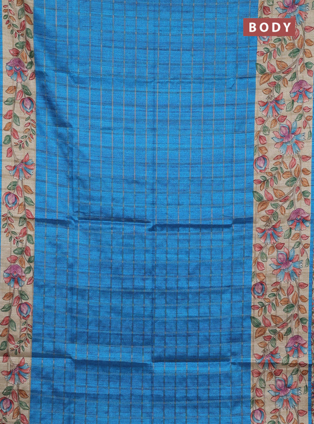Semi tussar saree cs blue and beige with allover zari checked pattern and kalamkari printed pallu