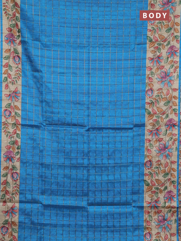 Semi tussar saree cs blue and beige with allover zari checked pattern and kalamkari printed pallu