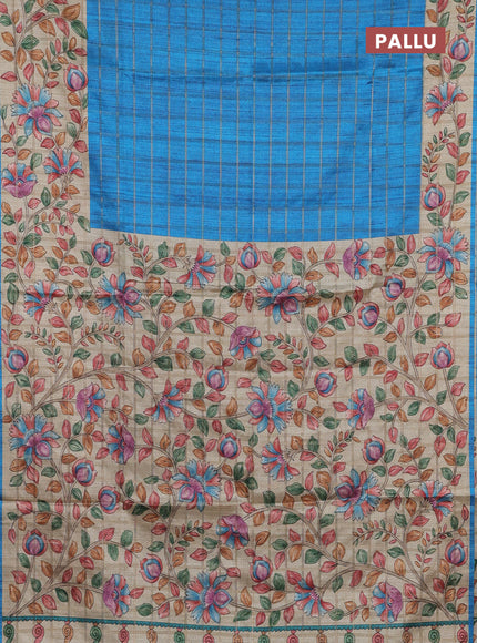 Semi tussar saree cs blue and beige with allover zari checked pattern and kalamkari printed pallu