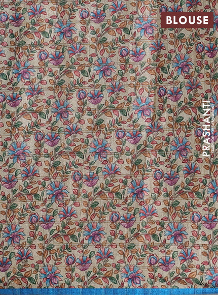 Semi tussar saree cs blue and beige with allover zari checked pattern and kalamkari printed pallu
