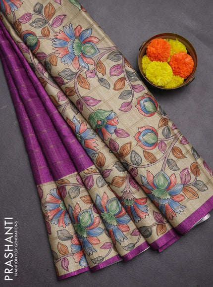Semi tussar saree purple and beige with allover zari checked pattern and kalamkari printed pallu