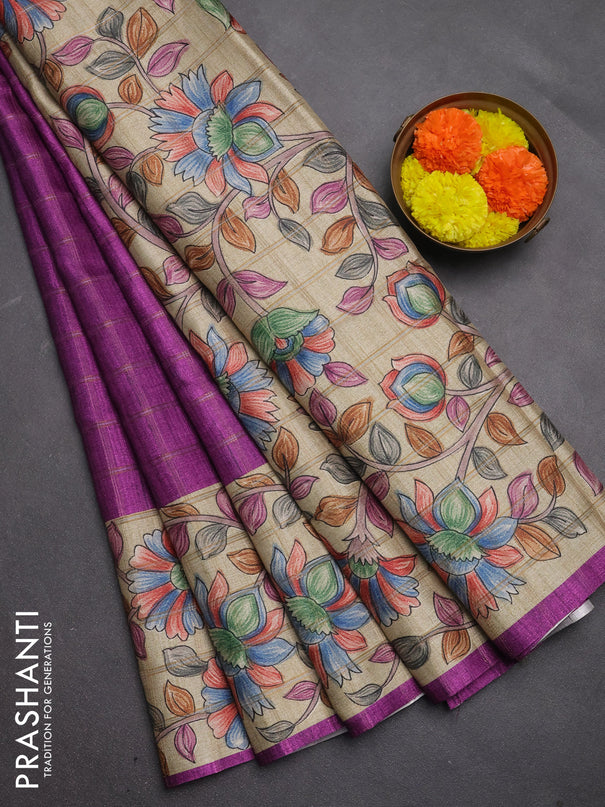 Semi tussar saree purple and beige with allover zari checked pattern and kalamkari printed pallu