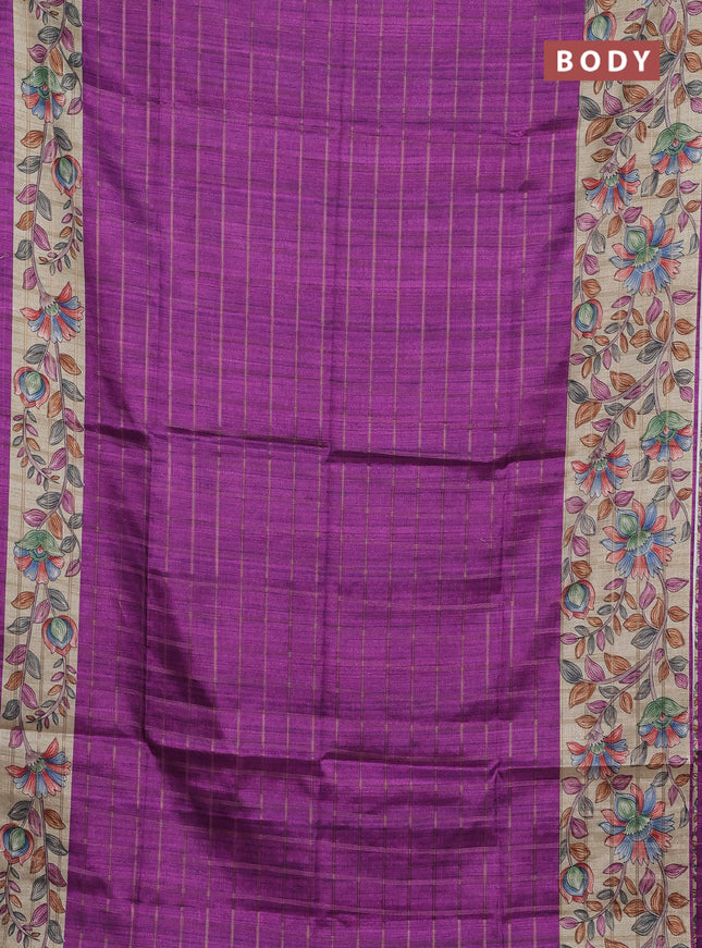Semi tussar saree purple and beige with allover zari checked pattern and kalamkari printed pallu