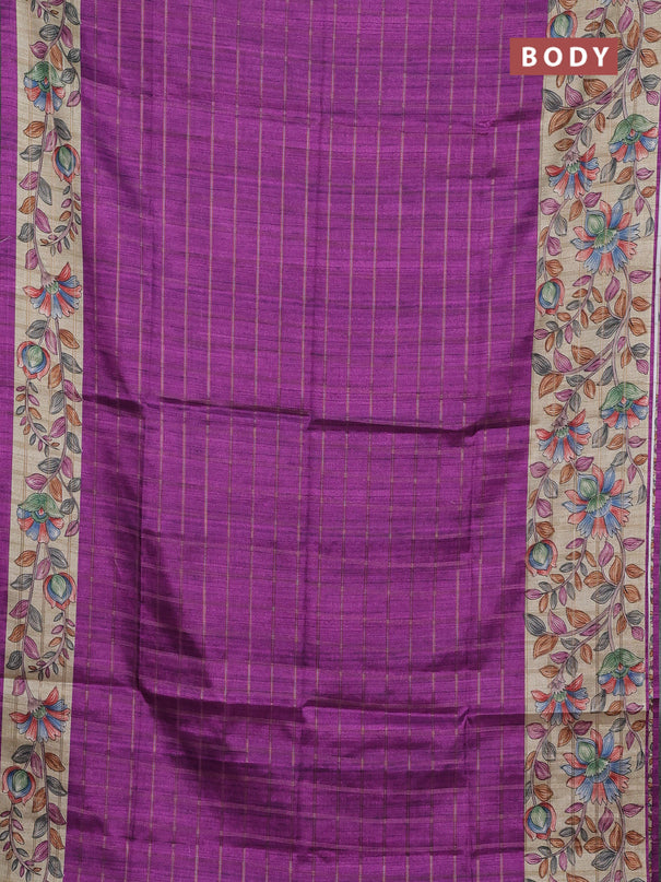 Semi tussar saree purple and beige with allover zari checked pattern and kalamkari printed pallu
