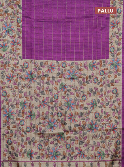 Semi tussar saree purple and beige with allover zari checked pattern and kalamkari printed pallu
