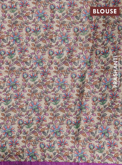 Semi tussar saree purple and beige with allover zari checked pattern and kalamkari printed pallu