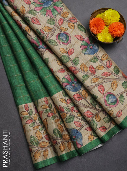 Semi tussar saree green and beige with allover zari checked pattern and kalamkari printed pallu