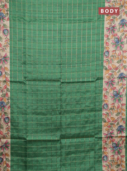 Semi tussar saree green and beige with allover zari checked pattern and kalamkari printed pallu