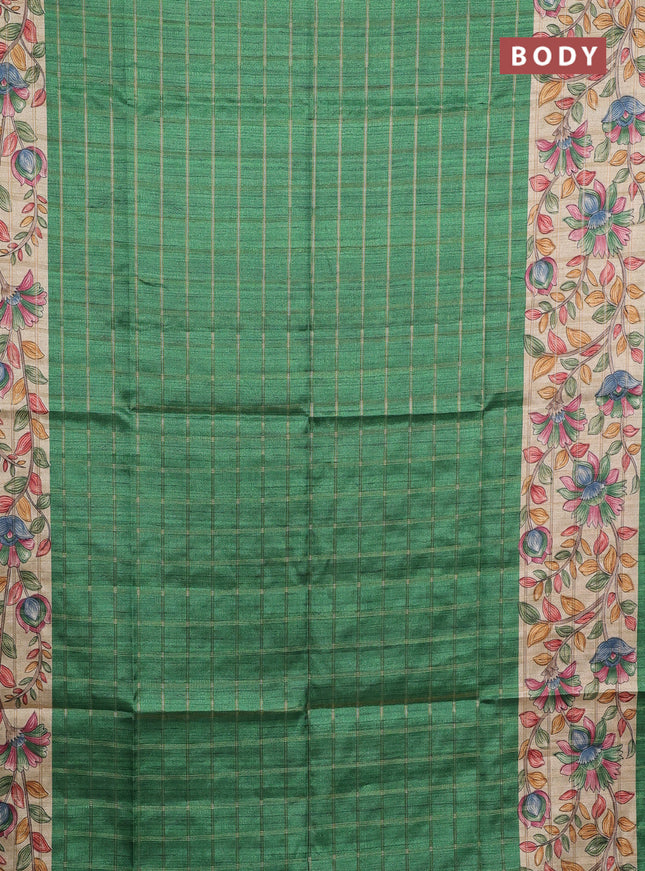 Semi tussar saree green and beige with allover zari checked pattern and kalamkari printed pallu