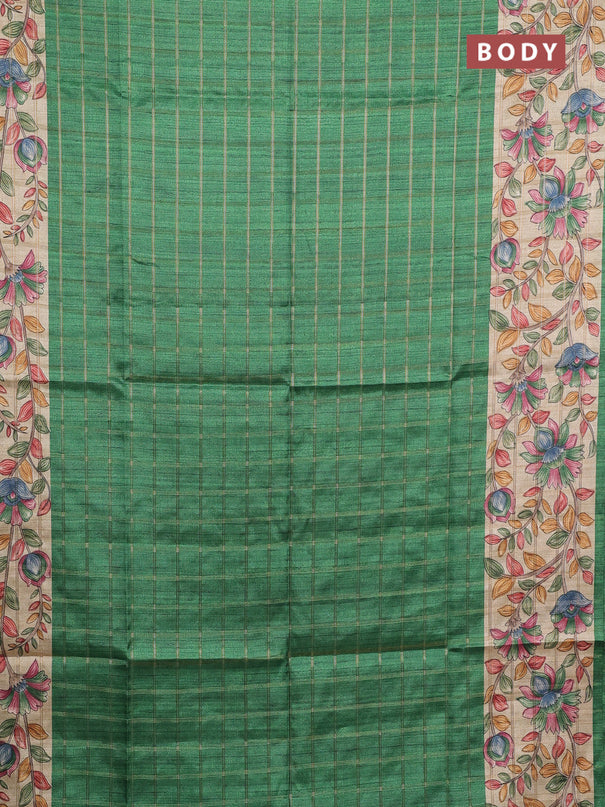 Semi tussar saree green and beige with allover zari checked pattern and kalamkari printed pallu