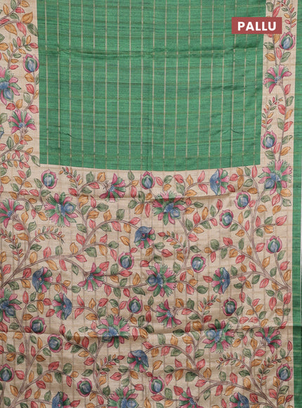 Semi tussar saree green and beige with allover zari checked pattern and kalamkari printed pallu