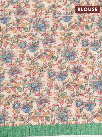 Semi tussar saree green and beige with allover zari checked pattern and kalamkari printed pallu