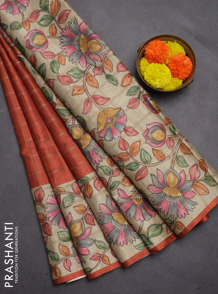 Semi tussar saree rustic orange and beige with allover zari checked pattern and kalamkari printed pallu
