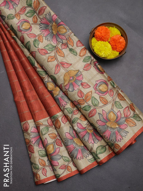 Semi tussar saree rustic orange and beige with allover zari checked pattern and kalamkari printed pallu
