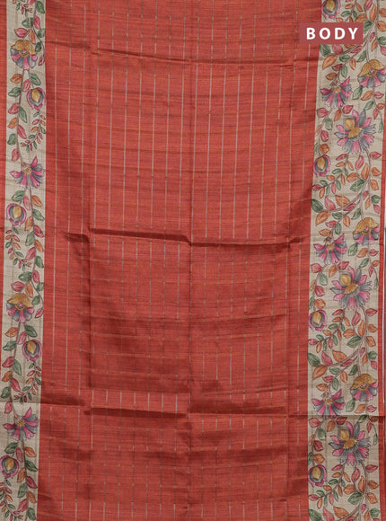 Semi tussar saree rustic orange and beige with allover zari checked pattern and kalamkari printed pallu