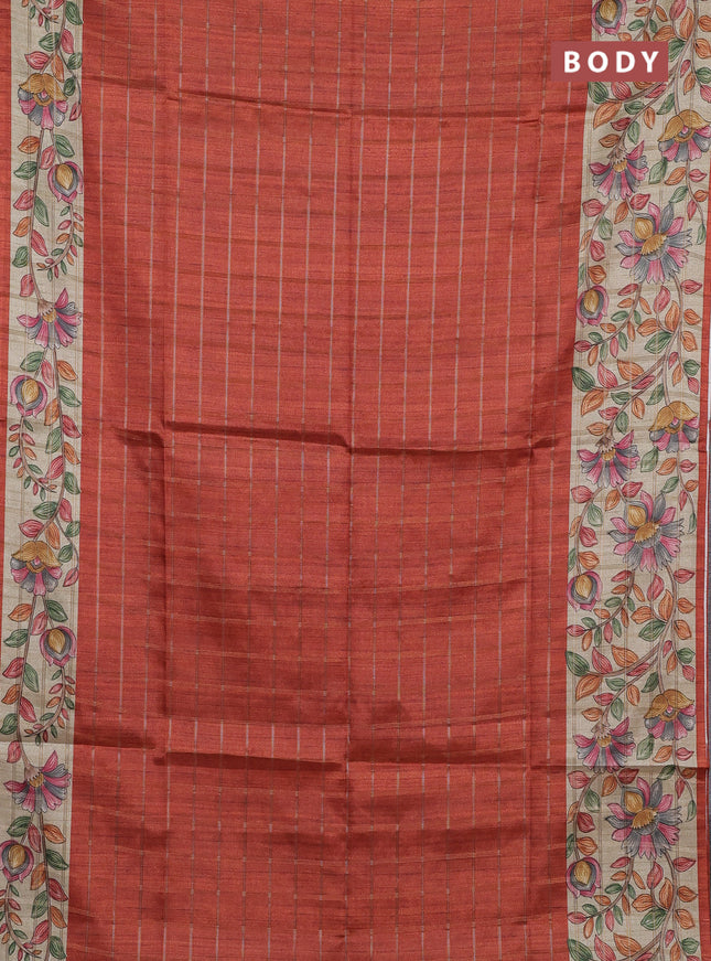 Semi tussar saree rustic orange and beige with allover zari checked pattern and kalamkari printed pallu