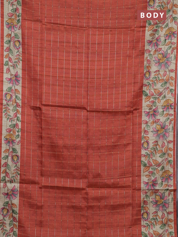Semi tussar saree rustic orange and beige with allover zari checked pattern and kalamkari printed pallu
