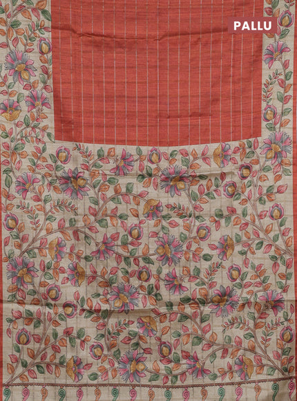 Semi tussar saree rustic orange and beige with allover zari checked pattern and kalamkari printed pallu