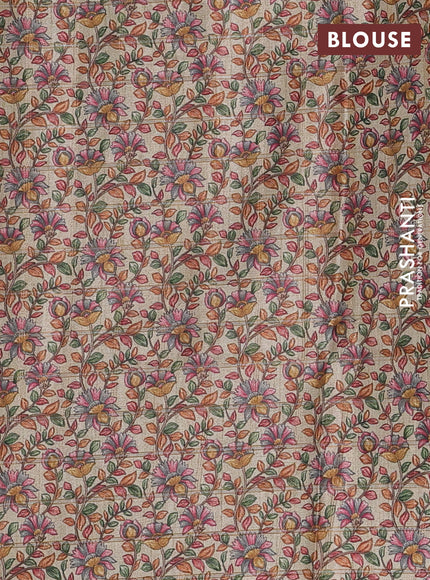 Semi tussar saree rustic orange and beige with allover zari checked pattern and kalamkari printed pallu