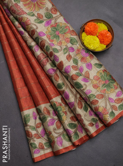 Semi tussar saree rustic orange and beige with allover zari checked pattern and kalamkari printed pallu
