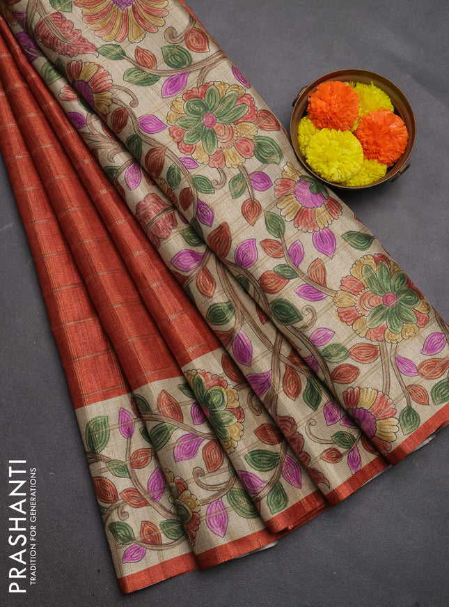 Semi tussar saree rustic orange and beige with allover zari checked pattern and kalamkari printed pallu